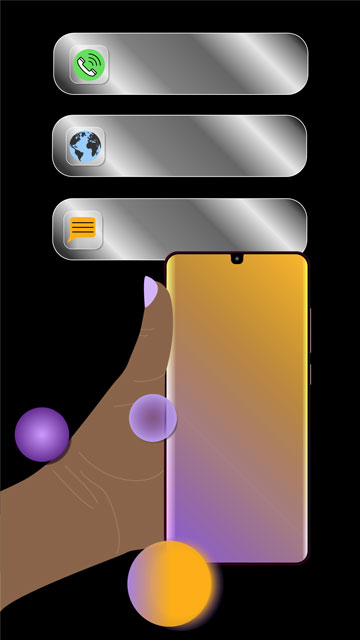 template mit Handy mit leerem Bildschirm h&auml;lt, dar&uuml;ber sind social media Icons