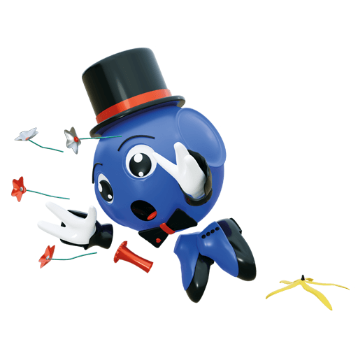 niedliche Figur rutscht auf einer Bananenschale aus