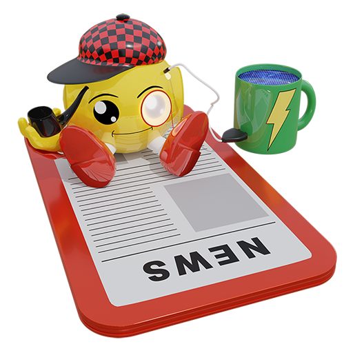 kleiner Roboter liest auf dem Handy Zeitung und trinkt dabei aus einer Tasse Solarenergie