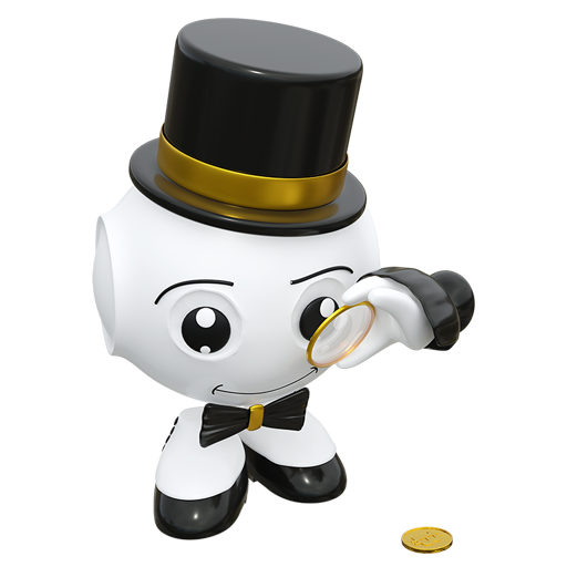 Robotermann schaut durch ein Monokel auf Geld am Boden