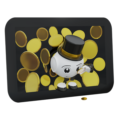 kleiner Roboter schaut aus einem Tablett und findet eine M&uuml;nze