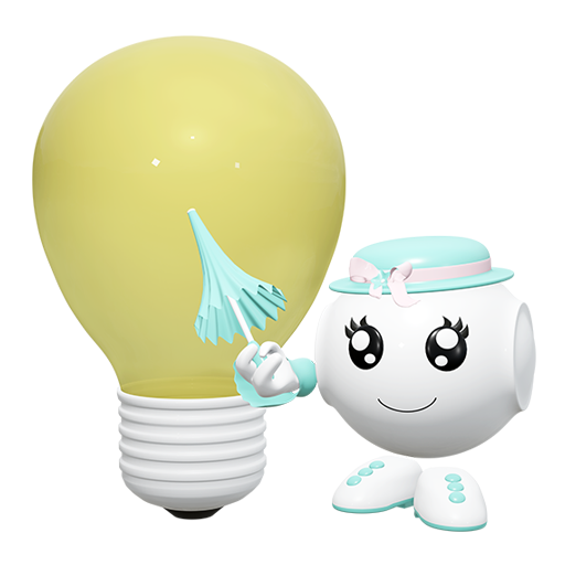 kleines Roboterm&auml;dchen zeigt mit Sonnenschirm auf eine Gl&uuml;hbirne