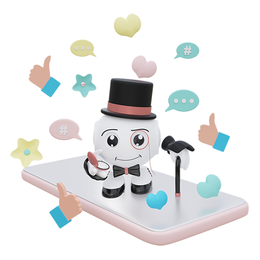 kleiner Robotermann steht auf einem Handy umgeben von social media Icons