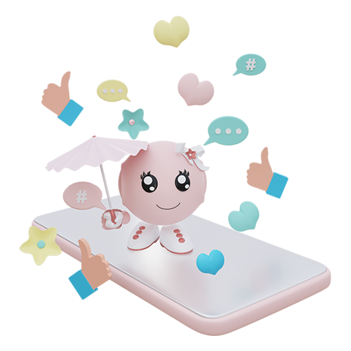 kleine Roboterfrau steht auf einem Handy umgeben von social media Icons