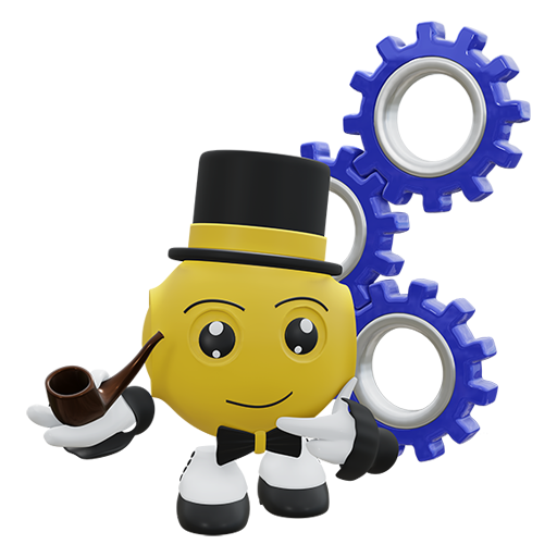 denkender Robotermann steht vor einem Zahnrad
