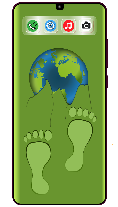 Handy mit zerbrocheenem Display, Fu&szlig;spuren und Erdball