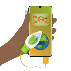 Hand h&auml;lt Handy, dass mit einer Gl&uuml;hbirne verbunden ist. Auf dem Display steht durchgestrichen co2 und darunter ist die erde