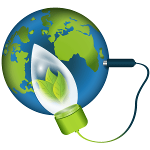 Gl&uuml;hbirne mit Bl&auml;ttern ist an der Erde mit einem Stecker angeschlossen. Tehma Umweltschutz